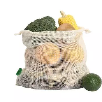 1Pc Cotton Mesh Vegetable Reusable Cotton Mesh Storage Bag Kitchen Fruit Pocket with Drawstring 20x25cm