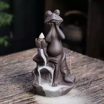1pc Creative Backflow Incense Burner with Purple Clay Lotus Leaf Frog Design for Home Decor Lucky Feng Shui Ornament -No Incense