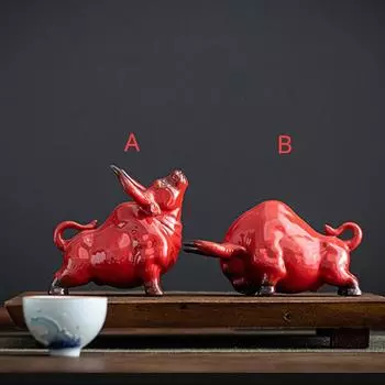 1PC Creative Ceramic Red Cattle Figurines Ornaments Home Decoration Statue Living Room Office Desktop Animal Figures Decor