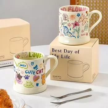 1pc Creative Cute Ceramic Cup Flower Printed Cat Pattern Household Breakfast Milk Juice Afternoon Tea Coffee Mugs Gift Drinkware 370ml