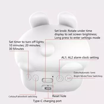 1pc creative cute rabbit shaped night light alarm clock. Sleep atmosphere light clock; Silicone soft material, switchable color белый