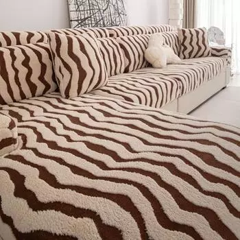 1PC Curving Lines Jaquard Contrast Colour Jacquard Thicked Tuffed Fleece Sofa Cushion Cover Couch Seat Slipcover Elastic Warm 3-Seater Seat