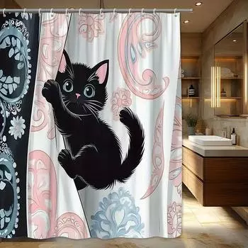 1pc cute black kitten shower curtain-big bathroom window with pink, blue floral pattern, machine washable shower curtain W90xH180cm