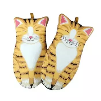 1PC Cute Cartoon Cat Paws Oven Mitts Long Cotton Baking Insulation Microwave Heat Resistant Non-slip Gloves Animal Design тигровый