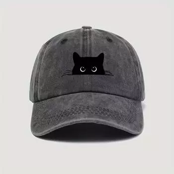 1pc, Cute Cat Print Washed Baseball Cap, Fashionable All-Season Outdoor Hiking Party Hat, Lightweight Polyester with Buckle Closure