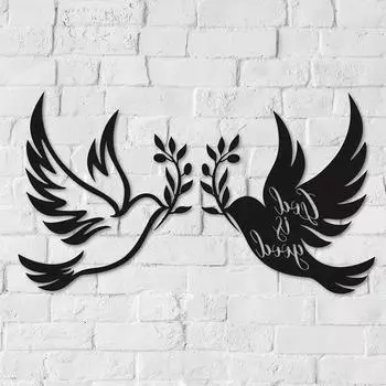 1pc Dove of Peace Metal Wall Art - Olive Branches & Black Outline White Dove | Elegant Home Decor Accent for Peaceful Spaces светло-серый