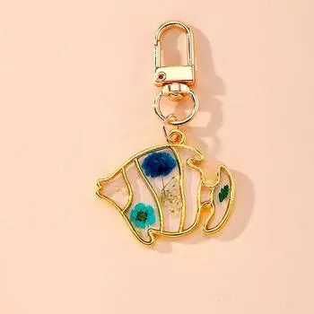 1PC Dried Flower Creative Resin Keychain Metal Plated Butterfly & Fishtail Colorful Key Holder Waterdrop Irregular-shaped