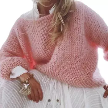 1PC Джемпер Ажурный Мягкий Пушистый Свободный Женский Фонарь Длинный Рукав Вязаный Свитер Мохеровый Свитер M хаки