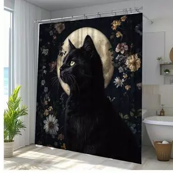 1pc Elegant Black Cat & Floral Shower Curtain - Polyester Fabric Bathroom Decor with 12 Hooks, 70. 8x70. 8 Inches, Moonlit Fores 90x180cm