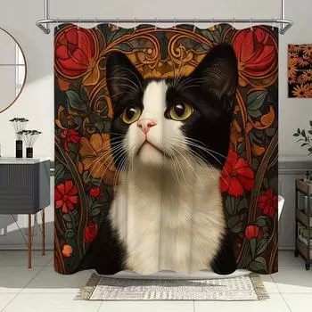 1pc Elegant Black & White Cat Art Shower Curtain with Green Eyes - Vintage Floral Frame Design, Polyester Fabric, 12 Hooks 90x180cm
