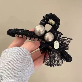 1pc Elegant temperament lace pearl large grab clip, new style hair clip, high-end shark clip at the back of the head