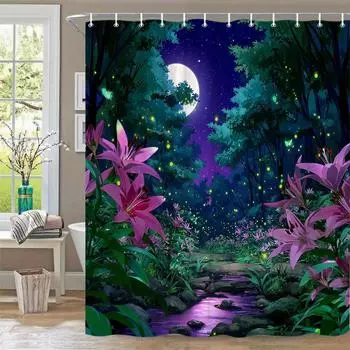 1pc Enchanted Anime Forest Shower Curtain - Moonlit Pink Lilies, Glowing Fireflies & Starry Night Sky Design - Durable Polyester 90x180cm