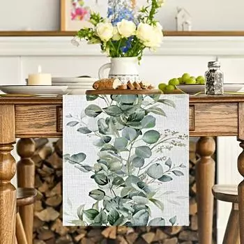 1 шт. Прямоугольная скатерть-дорожка с листьями эвкалипта, Домашний декор для вечеринки, Дизайн зеленых растений, Весна-Лето, Лен 33*183cm