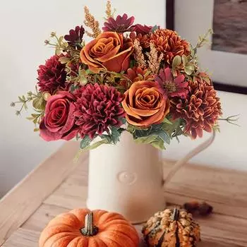 1шт Изысканный искусственный букет роз - реалистичная пластиковая искусственная цветочная композиция для домашнего декора, комнаты в стиле бохо на ферме, осеннего декора ко Дню благодарения мандариновый
