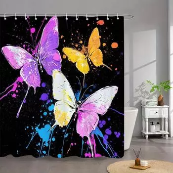 1pc Extra Large Bathroom Shower Curtain - Elegant Watercolor Butterfly Design with Pink, Purple, Blue, Orange, Yellow on Black B W90xH180cm