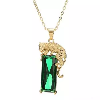 1Pc Fashion Gold Leopard Pendant Necklace Rectangle Emerald Necklace Luxury Long Gemstone Jewelry