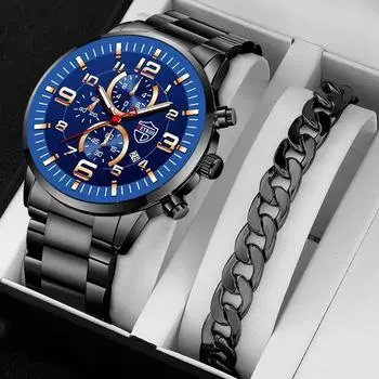 1pc Fashion Men s Casual Watches Men s Stainless Steel Strap Wrist Watch & 1pc Bracelet with , Men s Gifts