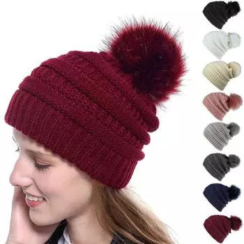 1Pc Fashion Winter Women Thick Warm Beanies Slouchy Pom Pom Beanie Cap Wool Knitted Hat чёрный