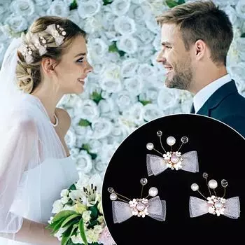 1PC Faux pearl Elegant Rhinestone High-end Hair Clip Chic Small Bow Beautiful Bride Accessories Fashion Mesh белый