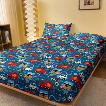 1Pc First Aid Car Pattern Brushed Fitted Sheet, Bedroom Cartoon Anime Printed Bedspread, Bedding (Not Include Pillowcase) 71x132cm