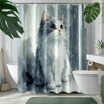 1pc Fluffy White Cat Shower Curtain - Realistic Digital Illustration with Yellow Eyes & Pink Nose, Soft Muted Colors W90xH180cm
