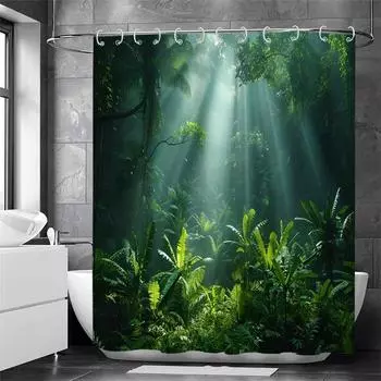 1pc Forest Landscape Polyester Shower Curtain - Vibrant Green Jungle Design with Sunlight Effect, Ideal for All-Season Bathroom 90x180cm