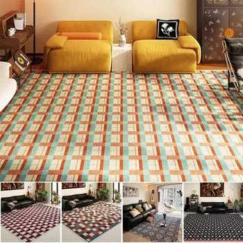 1pc French Retro Plaid Style Living Room Bedroom Large Full Bedside Rugs Ethnic Style Hotel Dirt-resistant Non-slip Carpet Decor 40x60cm
