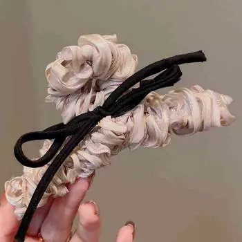 1PC Gentle Beige ~ Satin Pleated, Bow, Grab Clip, Premium, Back of Head, Large, Shark Clip, Female, Temperament, Sweet 1pc