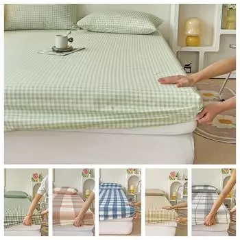 1Pc Green Bed Sheet With Elastic Striped Fitted Sheet Skin-Friendly Brushed Bed Cover Queen/King Size 90x200x25cm 1pc