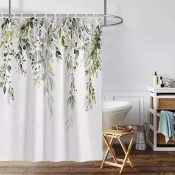 1PC green sage plants pattern printed shower curtain, waterproof and washable, with 12 hooks, bathroom shower, bathtub, home use 180x180cm