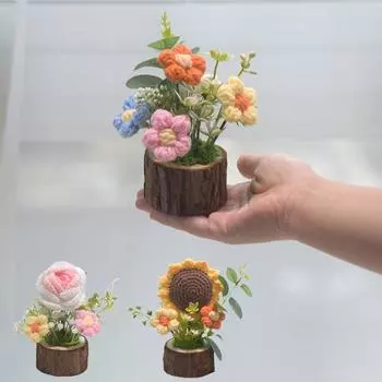 1PC Hand-Knitted Sunflower Flower Pots Valentine s Day Knitted Handmade Flowers Living Room 3D Fabric Ornaments Desktop