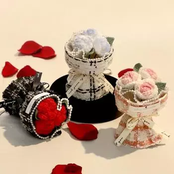 1Pc Handmade Crochet Yarn Creative Artificial Flowers Mini New Year s Gift Handheld Valentine s Day Bouquet Birthday розовый/белый