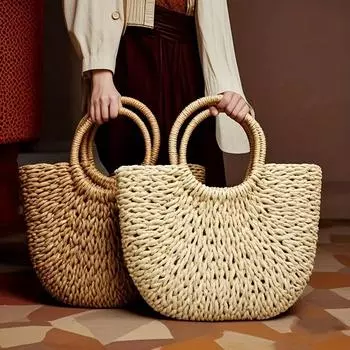 1pc Handwoven Straw Tote Bag - Large, Round Handle, Natural Rattan Design, Perfect for Summer Beach & Travel, Beach Accessory|Natural Rattan Bag