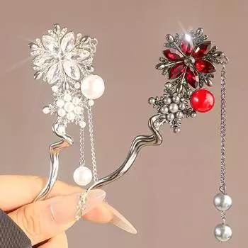 1Pc Headwear Grace Tassel Step Shake Advanced Crystal Snow Retro Hair Accessories Pearl Hair Stick U-shaped Hairpin A чёрный