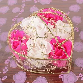 1PC Heart shaped Rose Soap Flower 6 Gold-plated Iron Cage Flowers Simulated Flower Rose Heart Box Valentine s Day Gift белый/розы красного