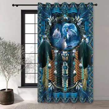 1PC high blackout double-sided matte polyester curtain, left and right circulation, perforated, white wolf under moonlight 150x220cm&Grommet Top