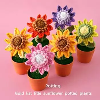 1Pc Hook Woven Sweet Sunflower Delicate Potted Plant Holiday Gifts Pendant Wool Crochet Flowers