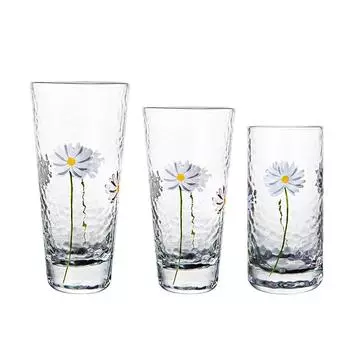 1pc Japanese Hand-painted Daisy Hammer Pattern Cup Juice Cup, Beverage Cup, Ins Transparent Heat-resistant Glass Cup 201-300ml