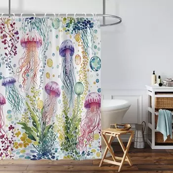 1PC Jellyfish pattern printed shower curtain, waterproof, with 12 hooks, bathroom showers, bathtub, fashionable home use 180x180cm