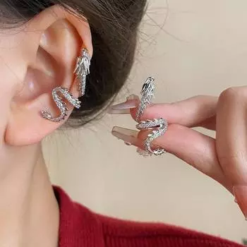 1pc Jewelry Silver Dragon Ear Clip Aesthetic Chinese Dragon Ear Cuffs Zodiac Dragon Earrings Gift silver-left