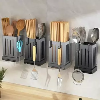 1pc Kitchen Chopsticks Holder Multifunctional Hanging Utensil Drying Rack Hooks No Drilling Wall Mounted Spoon Fork Holders серый