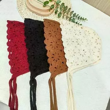 1PC Knit Cap Soft Breathable Solid Color Mesh Flower Pullover Hat Fashion Handmade Crochet Retro Turban Hollow Out абрикосовый