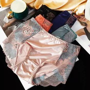 1PC Lace Printed Flower Underwear Mid Waist Briefs Women Panties Hollow Cotton Breathable Underpants Silk XL синий