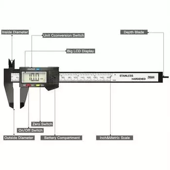 1pc LCD Display Digital Electronic Vernier Caliper Micrometer Carbon Fiber Durable Caliper for Woodworking, Metalworking Etc