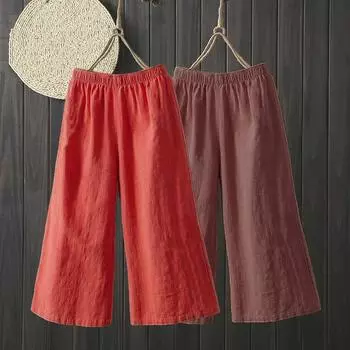 1PC Летние прямые брюки брюки брюки хлопок лен широкие брюки с высокой талией свободные однотонные M красный