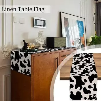 1Pc Linen Cow Print Table Flag Table Decoration Rectangular Tablecloth Cowboy Theme Table Flag Cow Print Pattern