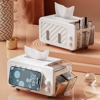 1pc living room and bedroom tissue box,Can be used as phone holder,Built-in Spring Lift Base,Floss And Toothpick Storage Holder белый