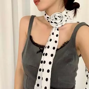1PC Long Tie Detachable Flower Soft Neckerchief Headscarf Accessories Polka Dot Elegant Pure Color Collar Decor Silk Scarf