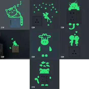 1pc Luminous Cartoon Switch Sticker Glow in the Dark Cat Sticker Fluorescent Fairy Moon Stars Sticker Kid Room Decoration