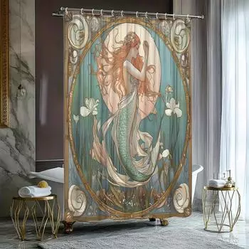 1pc Mermaid Watercolor Style Shower Curtain Bathroom Decor Polyester Fabric with 12 Hooks 70.8x70.8 Inches W90xH180cm
